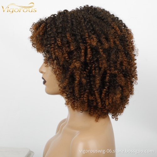 Women's High Quality Afro Kinky Cury Short Bangs Ombre Brown Color Bob Style Pixie Cut Wigs Synthetic None Lace Heat Resistant